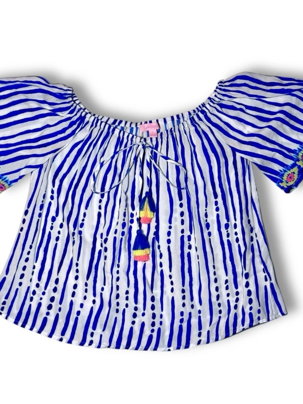 Blue crush Lilly Pulitzer Blue & White Striped Peasant Blouse with Tassels